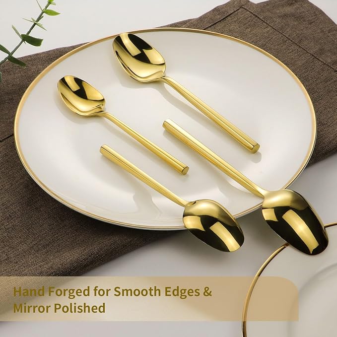 DEACORY Silverware Set Flatware Set Mirror Gold Cutlery Set Heavy Hexagon Handle Stainless Steel 20 Pieces Dishwasher Safe Service for 4