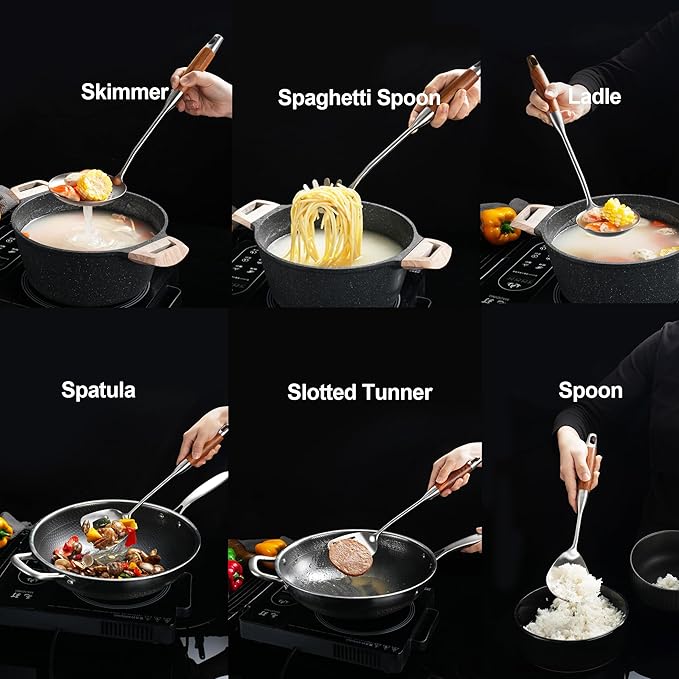 18/10 Stainless Steel Kitchen Utensils Set with Wooden Handle for Cooking 9 PCS with Solid and Slotted Spoon, Fork, Spatula, Ladle, Skimmer, Slotted Tunner, Spaghetti and Large Spoon