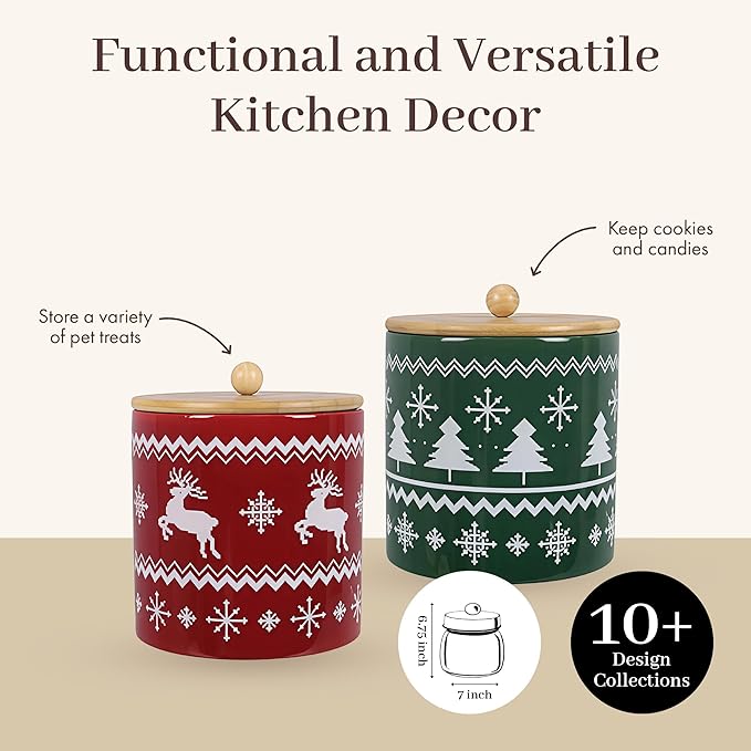 Young's Ceramic Treat Jar with Wooden Lid, Christmas Theme Evergreen Lane Goodie Jar, Decorative Storage Canister for Cookies Treats Snacks, Set of 2