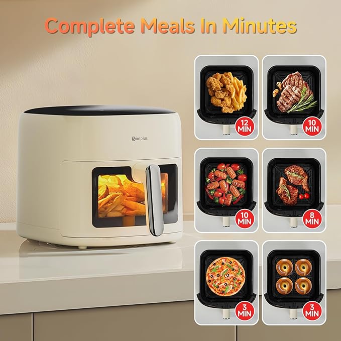 SIMPLUS Air Fryer 7 QT with Easy-View Window, Large Capacity Airfryer for Family, 400°F Rapid Air Crispy Technology, Touch Controls with 10 Presets, Nonstick & Dishwasher Safe Basket - Cream White