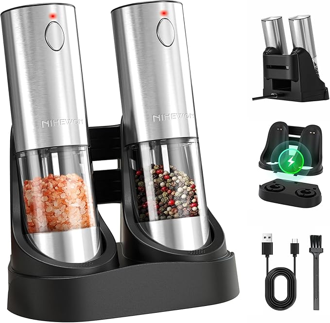 Electric Salt and Pepper Grinder Set Rechargeable, Automatic Salt and Pepper Grinder Set for Kitchen, USB Charging Base & LED Light, Adjustable Coarseness, Stainless Steel