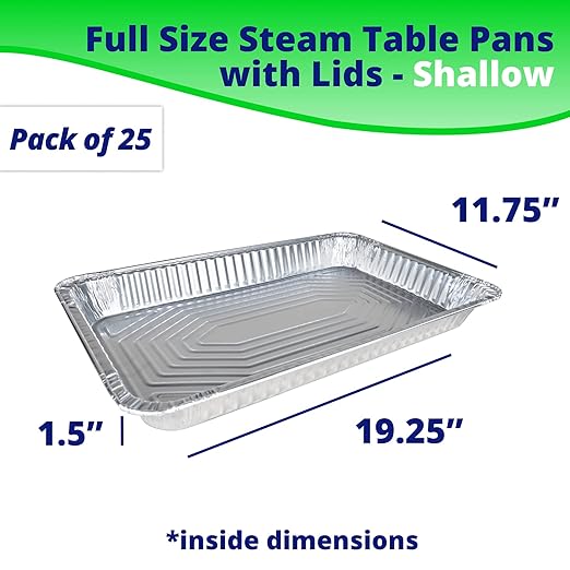 IDL Packaging Full Size Aluminum Steam Table Pans with Lids - Shallow, 21" x 13" x 1.5" (pack of 25) - Disposable Foil Pan for Grilling, Roasting, BBQ, Cooking, Baking, Freezing