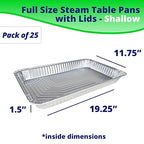 IDL Packaging Full Size Aluminum Steam Table Pans with Lids - Shallow, 21" x 13" x 1.5" (pack of 25) - Disposable Foil Pan for Grilling, Roasting, BBQ, Cooking, Baking, Freezing