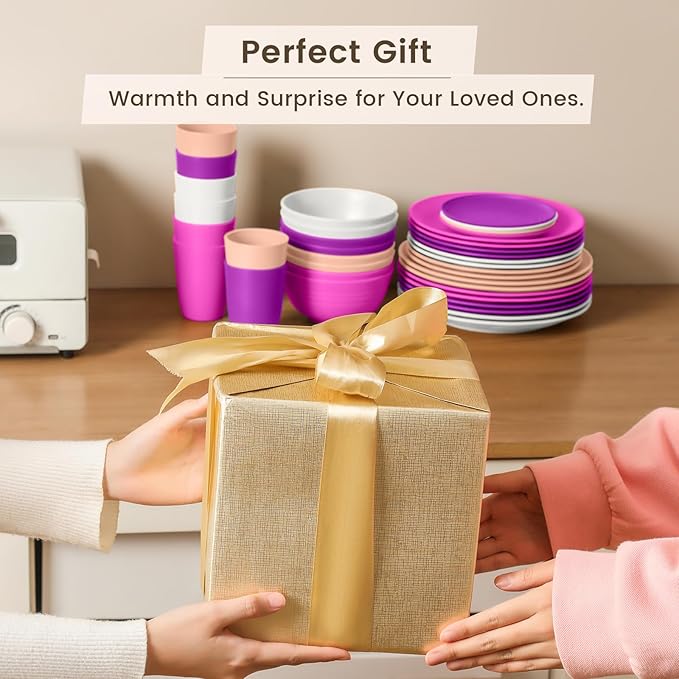 Homienly 40-Piece Wheat Straw Dinnerware Set, Reusable Plates and Bowls Sets, Alternative to Plastic Dishes Set-Dinner Plates with Textured Pattern, Bowls, Cups, Dishwasher Safe - Pink Flower