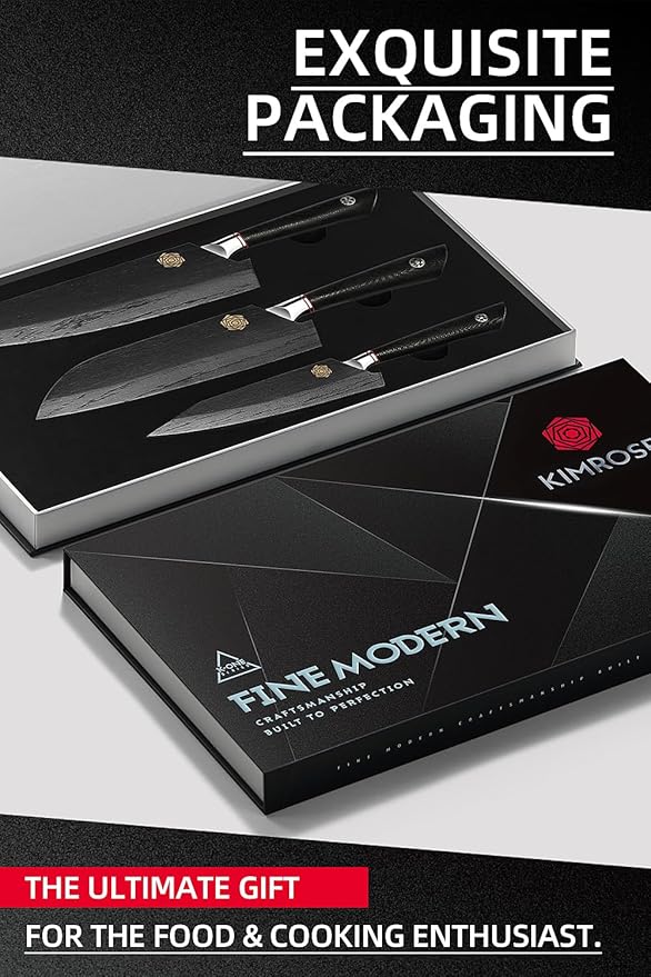 KIMROSE Damascus Knife Set - 3PCS - High-Carbon 10Cr15CoMoV Alloy Steel - Professional Chef Knife - G10 Handle - Razor Sharp Kitchen Knives - Magnetic Sheath - Gift Box