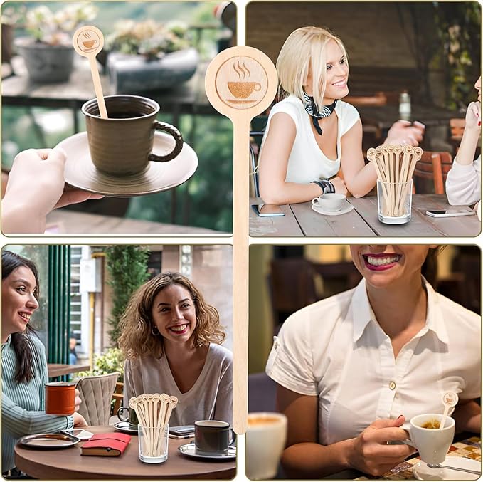 200Pcs Coffee Stirrers- 5.9 Inch Natural Wooden Coffee Stirrers With Round Ends, Disposable Biodegradable Cafe Grade Coffee Stir Sticks Wood Beverage Mixer for Coffee Cocktails Milk Tea