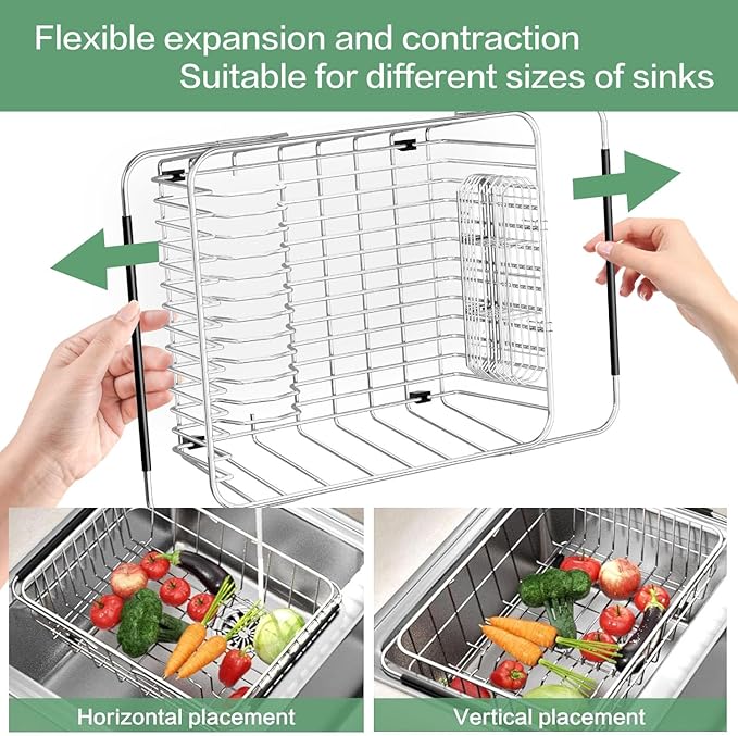Large Dish Drainer Rack in Sink Adjustable, Expandable 304 Stainless Steel Metal Dish Drying Rack Organizer with Stainless Steel Utensil Holder Over Inside Sink Counter, Rustproof