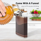 Hip Flasks for Men Leather Hip Flask Gift Set,Hip Flask 304 Stainless Steel Flask Set w/Funnel Shot Glasses Gift for Whiskey Rum Groomsman Best Man Usher Wedding-Leather Stripe Brown-8oz