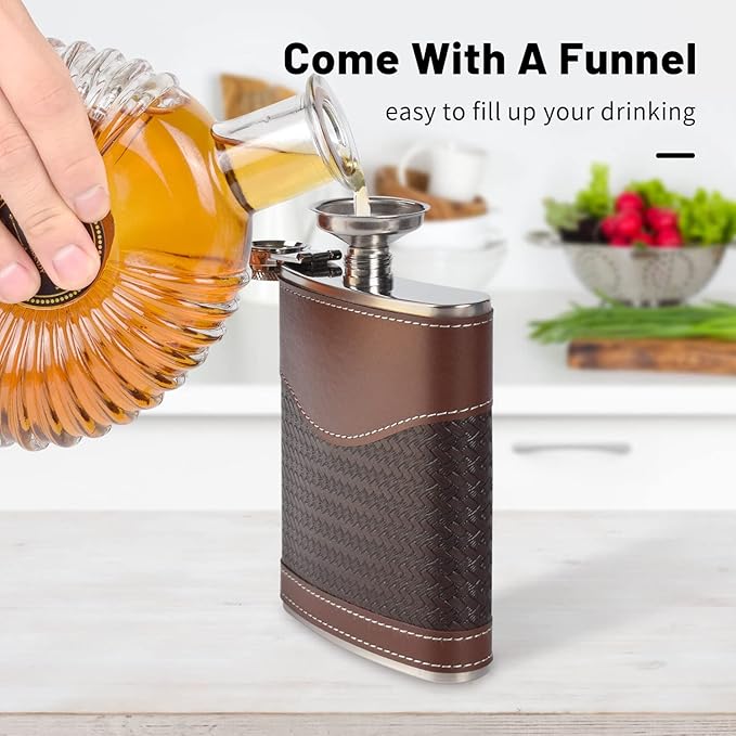 Hip Flasks for Men Leather Hip Flask Gift Set,Hip Flask 304 Stainless Steel Flask Set w/Funnel Shot Glasses Gift for Whiskey Rum Groomsman Best Man Usher Wedding-Leather Stripe Brown-8oz