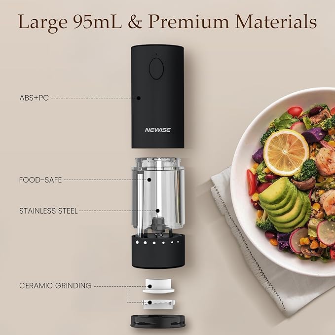 Electric Salt and Pepper Grinder Set, Gifts for Mom Wife, Rechargeable with LED Lights, Stainless Steel Automatic Pepper & Salt Mill, Adjustable Coarseness, Large Capacity, Black