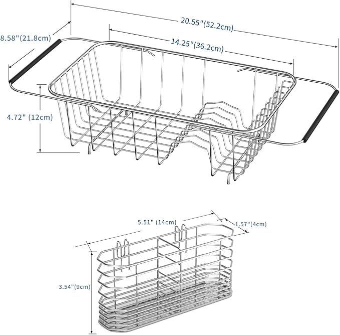 JAQ Small Dish Drying Rack in Sink Adjustable 14.25" to 20.55", Expandable 304 Stainless Steel Metal Dish Drainer Rack Organizer with Stainless Steel Utensil Holder Over Sink Counter (for 1-2 People)