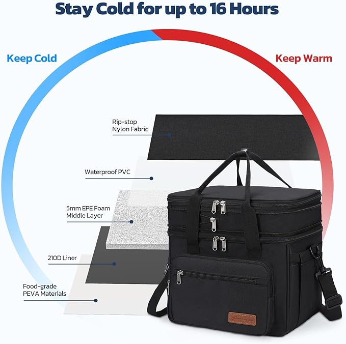 Maelstrom Lunch Box, 23L Insulated Lunch Bag, Expandable Double Deck Cooler Bag, Lightweight Leakproof Tote Bag With Side Tissue Pocket, Suit For Men and Women, Black