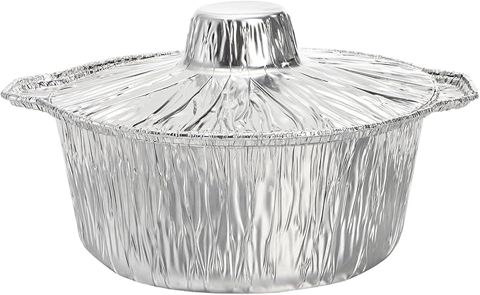 Frcctre 10 Pcs Disposable Aluminum Pot with LidS, Disposable 2 Liter Round Aluminum Foil Pan Food Container for Camping Vacation Trips Picnic Heating Cooking