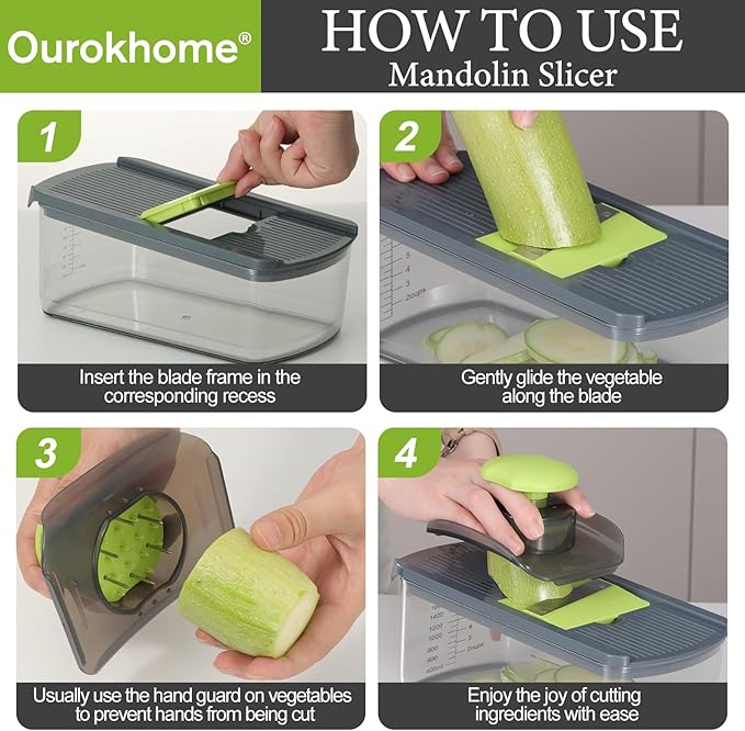 Ourokhome Food Chopper Manual Hand with Container, Mandolin Vegetable Slicer Onion Dicer with 8 Blades, Veggie Shredder for Potato, Tomato, Essential Kitchen Gadgets (8 in 1, Gray)