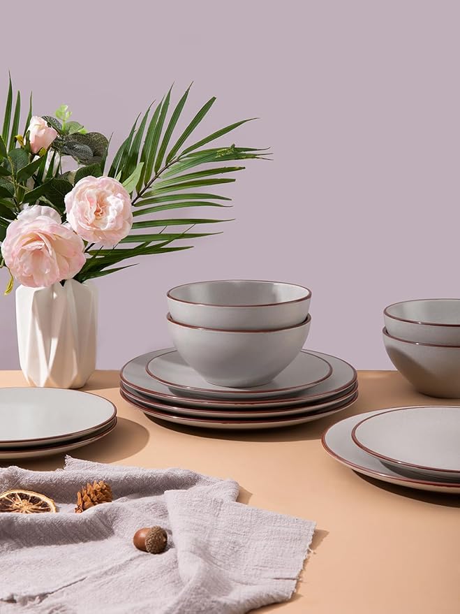 Famiware Venus Plates and Bowls Sets, 12 Pieces Stoneware Speckled Dinnerware Sets, Dishes Set for 4, Microwave and Dishwasher Safe, Matte Light Grey