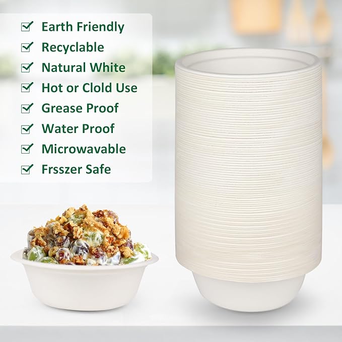 Heavy Duty Paper Bowls - 200 Pack, 12 oz, Eco-Friendly, Made of Natural Bagasse, Ideal for Hot Soup, Cereals, Milk, Salad, Dessert