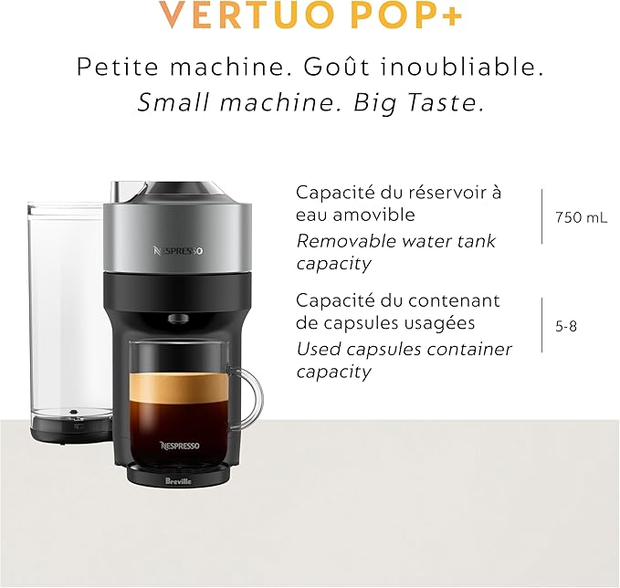 Nespresso Vertuo Pop+ Deluxe Coffee and Espresso Maker by Breville with Milk Frother, Titan