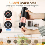 Electric Salt and Pepper Grinder Set, Rechargeable Automatic Pepper Mill Grinder with LED Light, Adjustable Coarseness shakers, One-Hand Operation for Kitchen(2 Pack, Upgrade Black+White)