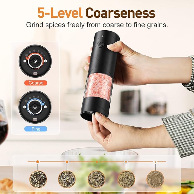Electric Salt and Pepper Grinder Set, Rechargeable Automatic Pepper Mill Grinder with LED Light, Adjustable Coarseness shakers, One-Hand Operation for Kitchen(2 Pack, Upgrade Black+Black)