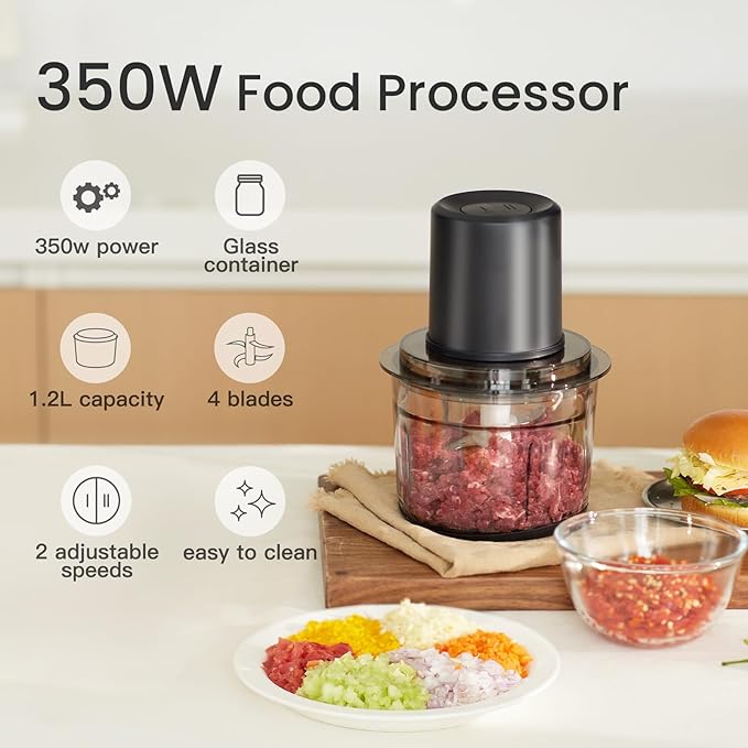 Meat Grinder Electric, 1.2L Stainless Steel Food Processor and Chopper with 4 Sharp Blades, 350W, 2 Speed Modes, for Meat, Baby Food, Vegetables, Fruits, Nuts,5 Cups, Black