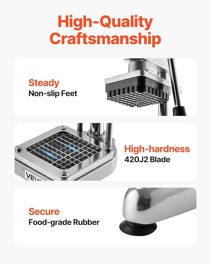 VEVOR Commercial French Fry Cutter, Stainless Steel Vegetable Fruit Chopper with 3 Replacement Blades 1/2-Inch 3/8-Inch 1/4-Inch, Manual Potato Slicer Dicer for Restaurants & Home Kitchen