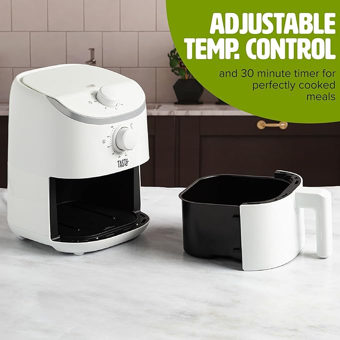 Tasty Personal Air Fryer, Healthier Meals in Minutes, Adjustable Temp Control up to 400°F, Easy-to-Use Design, Nonstick Basket and Tray Made without PFAS, PFOA, PFOS & PTFE, 900 Watts, 2-Quart, White