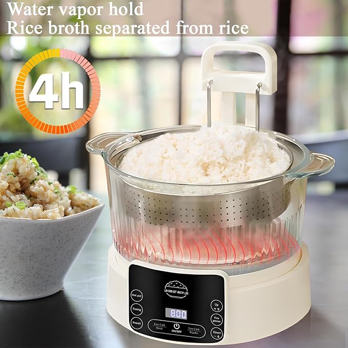 Low Carb Rice Cooker with Reservable-Timable,Low Sugar Multi Functional 3L &2 Cups for Starch Removing Glass Cooker,110v Maximum Power 800w Multi Functional Maker,Liftable Filter Basket (Beige)
