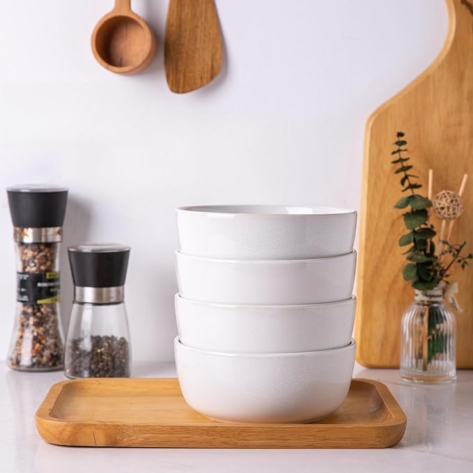 AmorArc Cereal Bowls Set of 6 for Kitchen, 26oz Stoneware Soup Bowls Set for Cereal,Soup, Modern Kitchen Bowls for Meal, Dishwasher &Microwave Safe, Reactive White