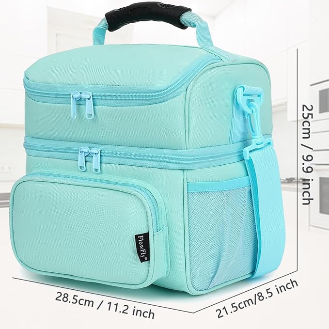 FlowFly Double Layer Cooler Insulated Lunch Bag Adult Lunch Box Large Tote Bag for Men, Women, With Adjustable Strap,Front Pocket and Dual Large Mesh Side Pockets