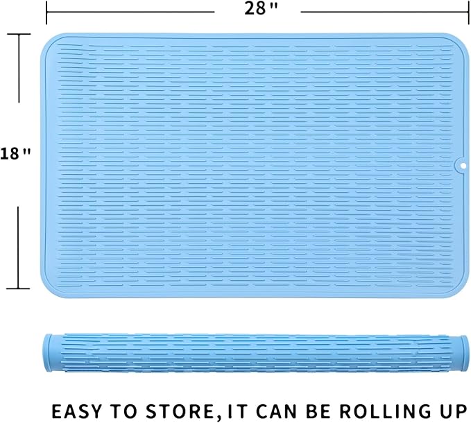 Silicone Dish Drying Mat for Multiple Usage,Easy clean,Eco-friendly,Heat-resistant Silicone Mat for Kitchen Counter or Sink,Refrigerator or Drawer Liner Light Blue 3XL 28 inches x 18 inches