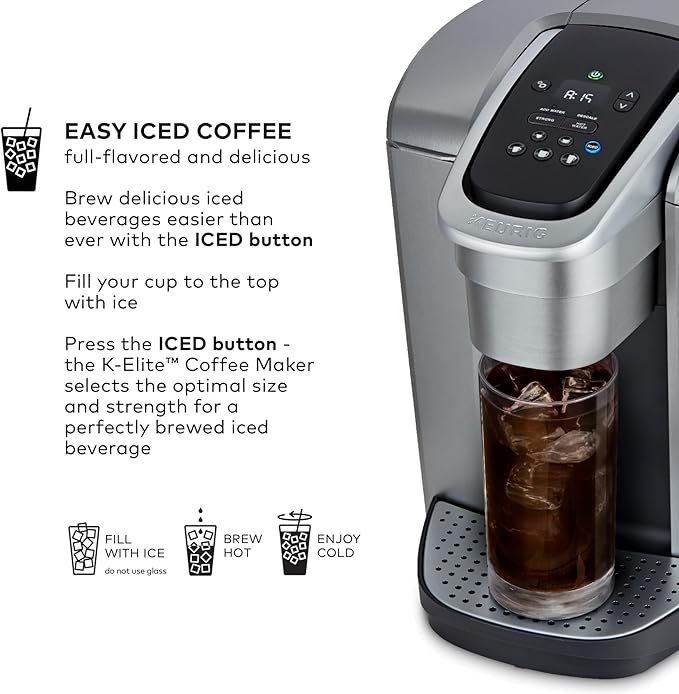 Keurig K-Elite Single Serve K-Cup Pod Coffee Maker, with Strength and Temperature Control, Iced Coffee Capability, 8 to 12oz Brew Size, Programmable, Brushed Silver