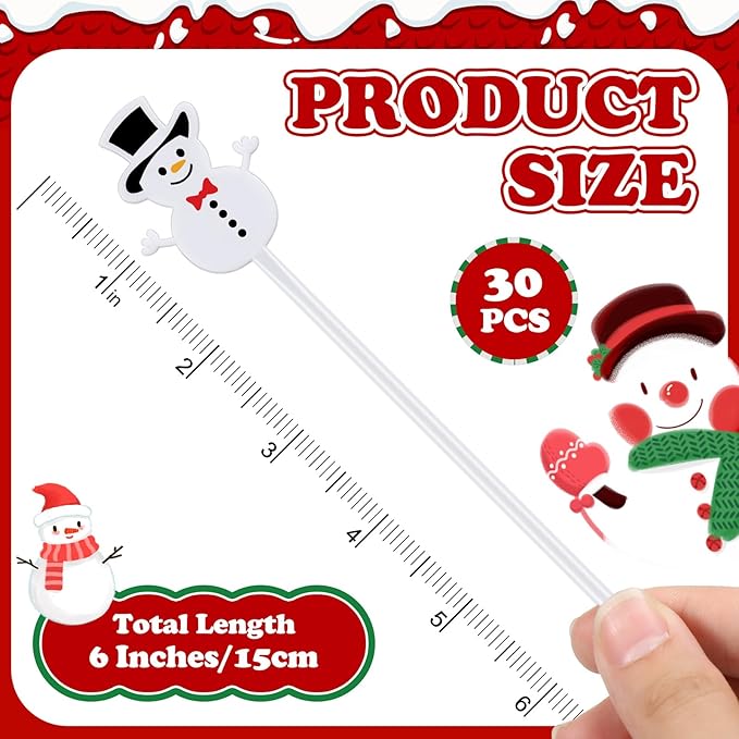 30 Pcs Christmas Drink Stirrers Xmas Stir Stick Holiday Coffee Swizzle Stick Reusable Plastic Hot Cocoa Bar Chocolate Decoration Cocktail Mixer(Snowman,Lovely Color)