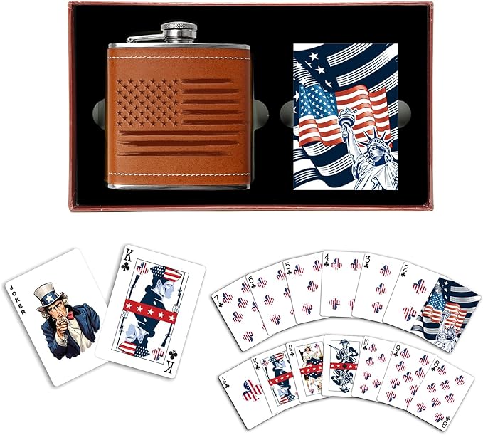 American Flag Flask & Card Set Leather-Wrapped USA Flask with Playing Cards | Disabled Vet Owned SMALL Business | Flag Flask & Card Set