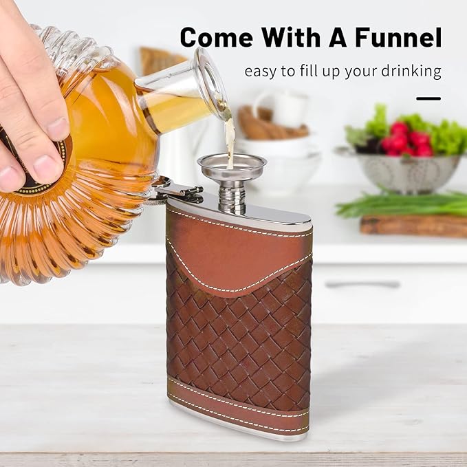 Hip Flasks for Men 8oz Leather Flask Gift Set,304 Stainless Steel Flask Set w/Funnel Shot Glasses Lovely Gift for Whiskey Rum Groomsman Best Man Usher Wedding Camping-Leather Stripe Brown 8oz