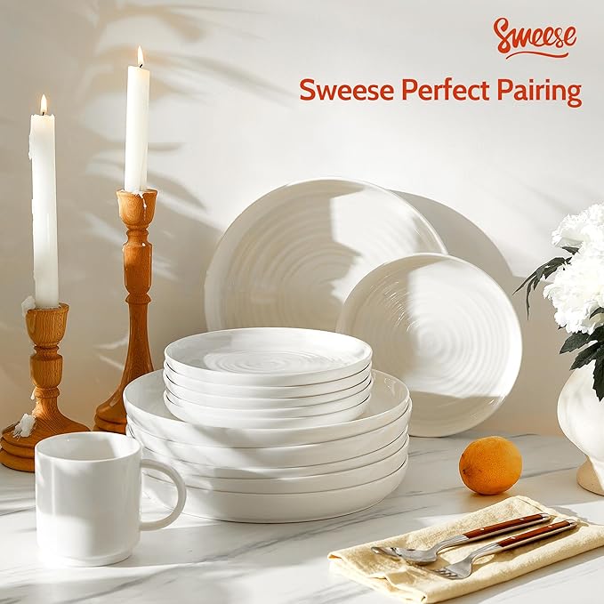 Sweese Porcelain Dinner Plates Set of 6, 10.5 Inch Dish Set - Dishwasher, Microwave, Oven Safe, Scratch Resistant, Kitchen Serving Dishes - White