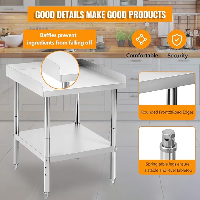 24x24x30 Inch Stainless Steel Equipment Grill Stand Table 400 Lbs Capacity NSF Certified with Adjustable Legs, 2" Edge Baffle, for Hotel, Home, Commercial Restaurant Kitchen