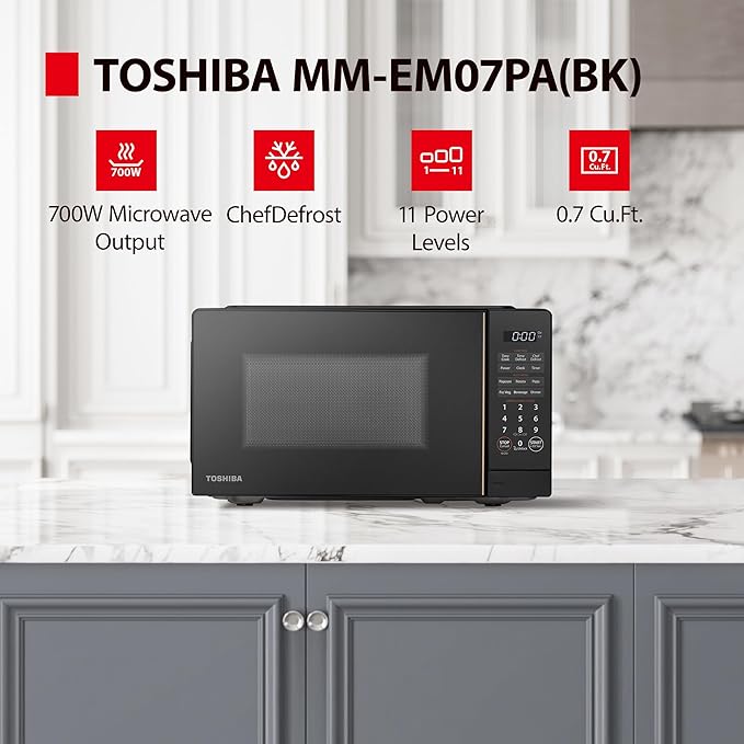 TOSHIBA Small Microwave Oven with 11 Power Levels, Sound On/Off & Eco Mode, Cu Ft, 700W, Black, MM-EM07PA(BK), ChefDefrost-0.7 Cu.Ft