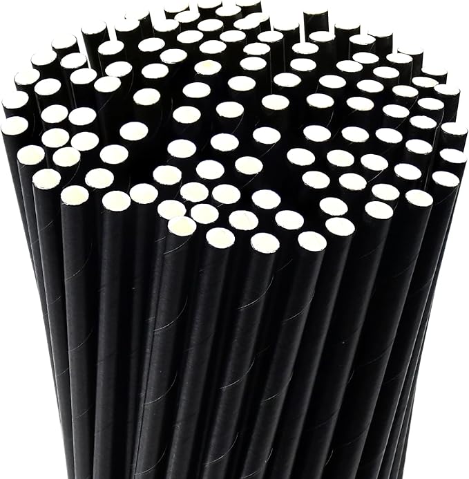 10 inch Long Disposable Black Paper Cocktail Straws & Stirrer Sticks, 250 Counts, Unwrapped - for Tall Drinks, Bars and Restaurants