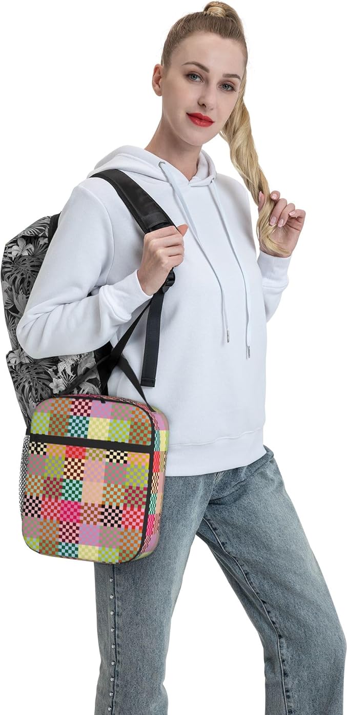 Multicolor Checkered Insulated Lunch Box – Reusable Colorful Checkerboard Lunch Bag for Adults & Kids, Portable Leakproof School Lunch Tote with Detachable Handle