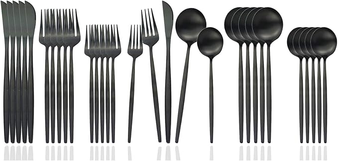 JASHII Flatware Silverware Set Stainless Steel Satin Finish Cutlery Set Service for 6, 30-Piece Spoons And Forks Kitchen Utensil Set, Dishwasher Safe (Matte Black)