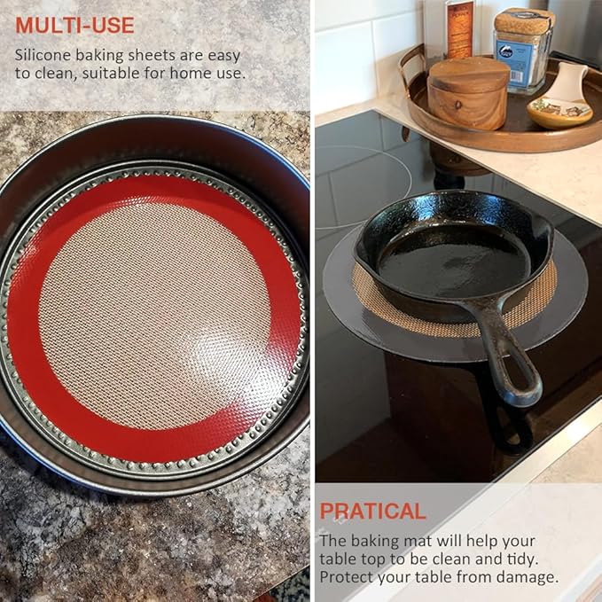 8 Inch Round Silicone Baking Mat, Set of 3 Reusable Silicone Baking Mats, Silicone Mat for 8 Inch Cake Pan, Silicone Mat for Baking Cake, Pizza, Pie, Bread, Macaron (Red, Blue, Grey)