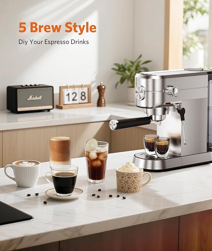 Espresso Machine 20 Bar,Compact Espresso Machine with Milk Frother,Stainless Steel Coffee Maker with 40 oz Removable Water Tank for Cappuccino,Latte