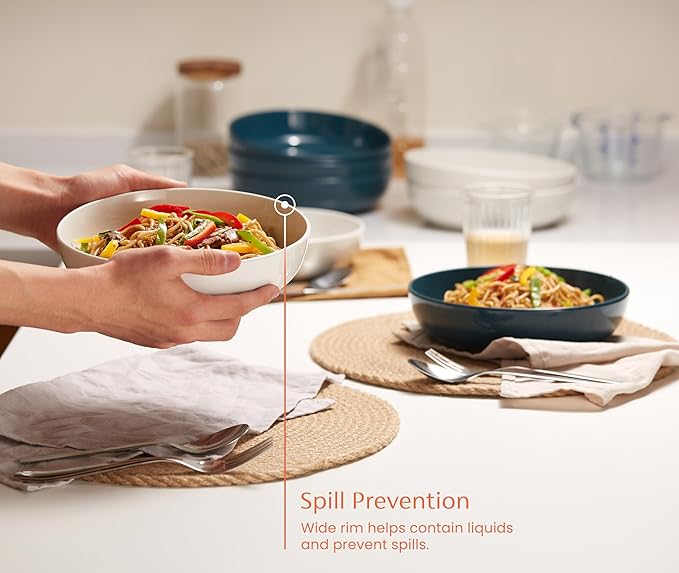 KooK Pasta Bowl, Salad Bowls, Soup, Serving Bowls, Ceramic, Large Capacity, Microwave & Dishwasher Safe, Set of 4, 40 Oz,(Black)