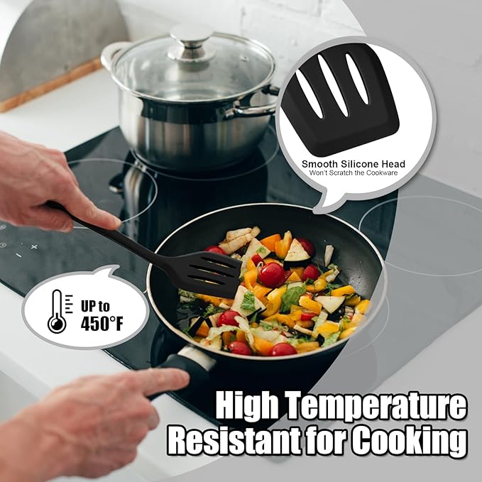 TeamFar Silicone Cooking Utensils Set of 6, Heat Resistant Kitchen Utensils, Spatula Ladle Spoon Pasta Server for Non-stick Cookware, Non-Toxic & One-Piece, Non-Scratch & Dishwasher Safe, Black