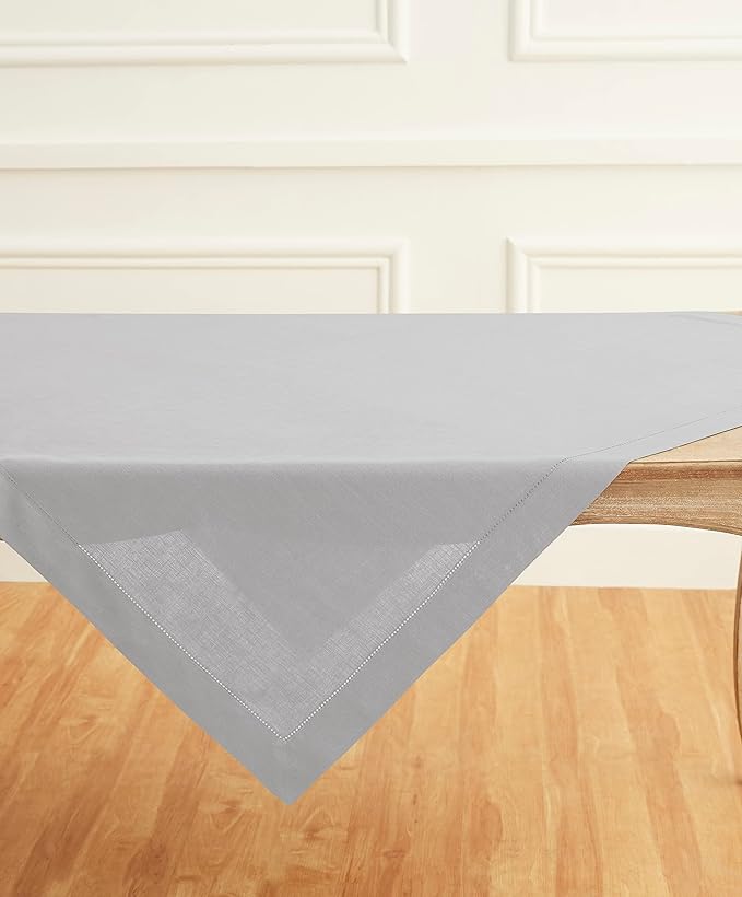 Solino Home Soft Grey Linen Tablecloth 52 x 52 Inch - 100% Pure Linen Square Table Throw - Classic Hemstitch, Machine Washable Table Cloth for Summer, Fall, Autumn