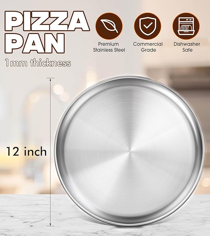 Stainless Steel Pizza Pan 12 inch, Pizza Pan for Oven, Steel Pizza Tray, Thick Round Pizza Plate Pizza Baking Sheet, Easy Clean & Dishwasher Safe, Set of 1