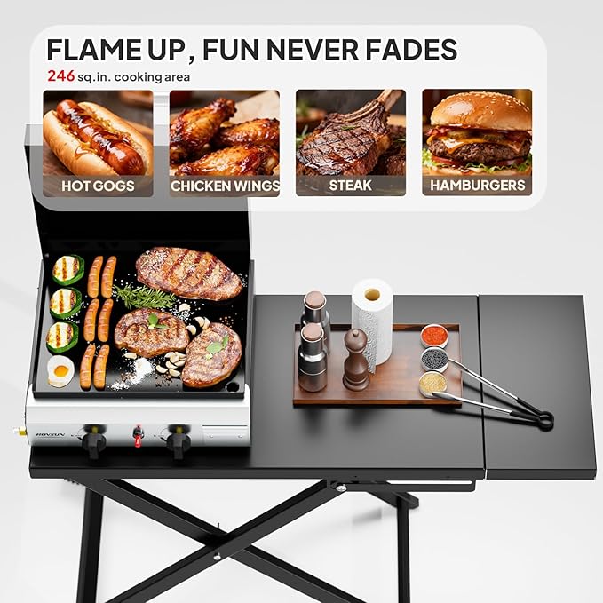 ROVSUN 2 Burner Foldable Propane Griddle with Wheels, Enameled Tray & Lid, 20000 BTU Portable Rolling Flat Top Gas Grill with Electronic Ignition & Regulator for Outdoor Cooking Camping BBQ Tailgating