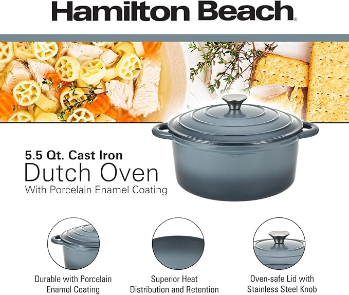 Hamilton Beach Enameled Cast Iron Dutch Oven 5.5-Quart Slate, Cream Enamel Dutch Oven Pot with Lid