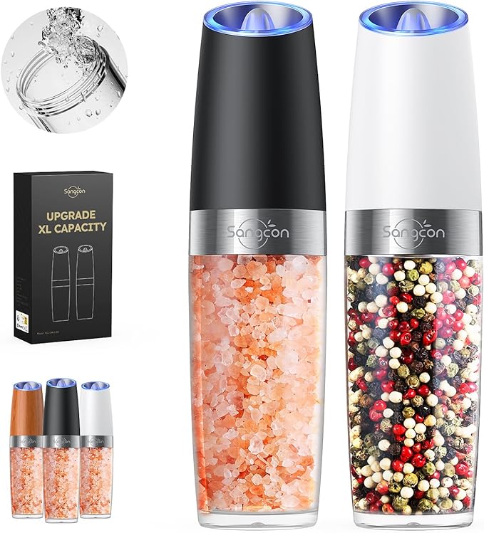 Sangcon Gravity Electric Salt and Pepper Grinder Set 𝐔𝐩𝐠𝐫𝐚𝐝𝐞𝐝 𝟗𝐨𝐳 𝐗𝐋 𝐂𝐚𝐩𝐚𝐜𝐢𝐭𝐲 Battery Powered Refillable Automatic Operation Adjustable Coarseness Mill Grinder Shakers Set