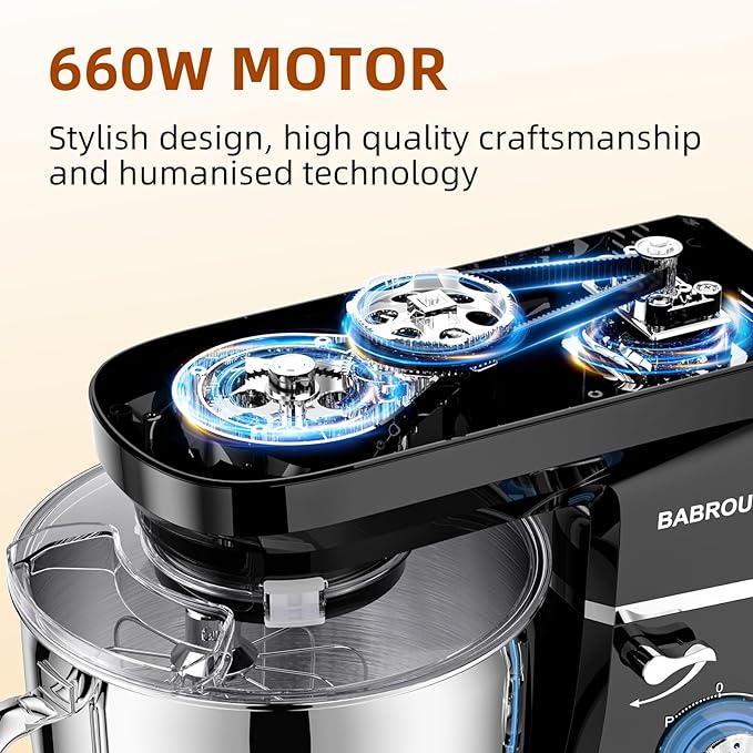 Dough Mixer 8.45 QT Electric Mixer - 660W 6 Speed Large Capacity Kitchen Stand Mixer with Whisk Dough Hook Mixing Beater Household Food Mixer for Baking Cakes Cookie Bread Salad (Black)